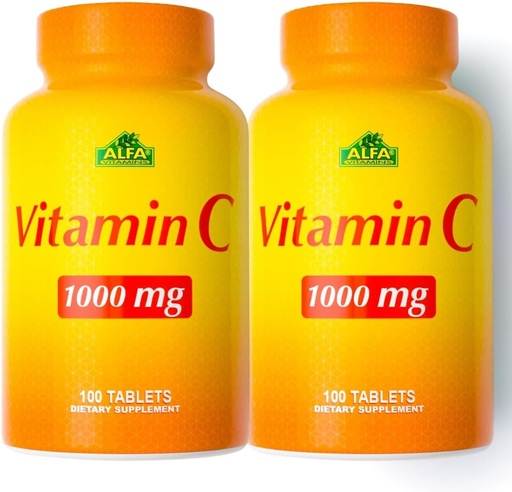 [BRSRMFI2CR4GAYL6] ALFA VITAMINS Vitamin C Supplement 1000mg, Leistungsstarkes Antioxidans für Immununterstützung & Gesunde Haut, fördert Kollagenbildung, Nahrungsergänzung für tägliche Wellness, 100 Tabletten, 2 Flaschenpackung