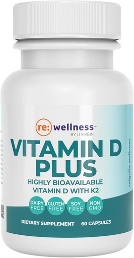 [BRSWKGIOAUPGEH3G] Reignite Wellness by JJ Virgin | Vitamin D Plus | Relevant Serving of 5000 IU, Highly Absorbable Vitamin D + Vitamin K1 & K2 | GG Supplement for Immune Health | Bone and Heart Supplement | 60 Softgels