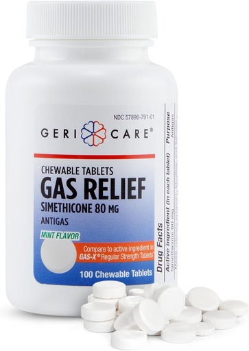 [BRSRMZIKBFYWY33G] GeriCare Simethicone Chewable Gas-Relief Tablets 80mg | Fast Relief for Gas, Bloating, Discomfort | Mint-Flavored | Oral Adult Gas Pain Relief | Anti-Flatulence Aid (100 Tablets) 2 Pack