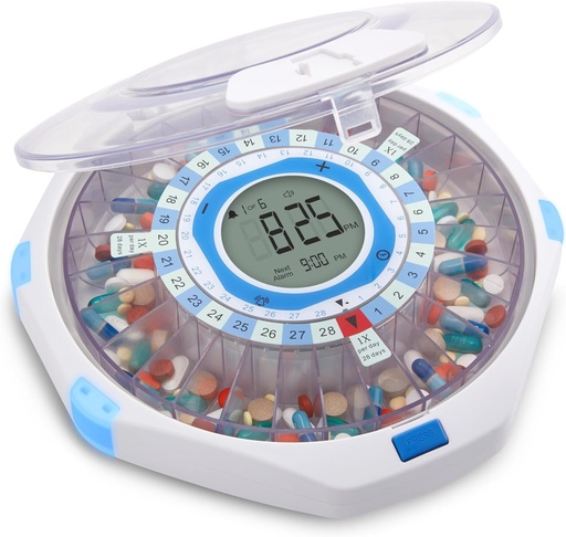 [BRSROBQ2OEMAYCT7] LiveFine WiFi Automatic Pill Dispenser and Remote Medication Monitoring System with Locking Key, 28-Day Medication Organizer Up To 9 Doses Per, Adjustable Light/Sound Alarms For Prescriptions & Vitami