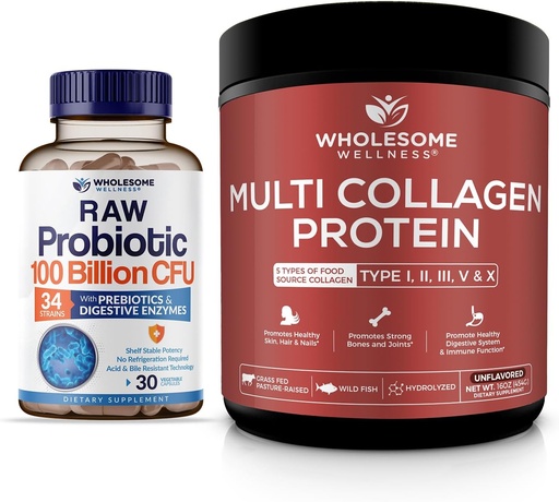 [BRSROCDQA56QY3D5] Wholesome Wellness Organic Probiotics 100 Billion CFU, Dr Formulated for Women and Men + Multi Collagen Protein Powder Hydrolyzed (Type I II III V X) Bundle