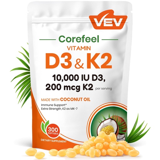 [BRSRAFQBOJYWEG3B] VEV Corefeel Vitamin D3 K2 10,000 IU, 200 mcg MK-7, 300 Coconut Oil Softgels, 2 in 1 Vitamins Supplement D & K (Include MK7), Easy to Swallow, Supports Calcium Absorption, Bone Health