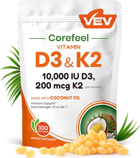 [BRSRAFQBOJYWEG3B] VEV Corefeel Vitamin D3 K2 10,000 IU, 200 mcg MK-7, 300 Coconut Oil Softgels, 2 in 1 Vitamins Supplement D & K (Include MK7), Easy to Swallow, Supports Calcium Absorption, Bone Health