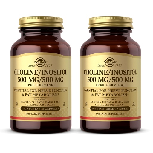 [BRSWIZ33BV5A4DD2] Solgar Choline/Inositol 500 mg/500 mg, 100 Vegetable Capsules (Pack of 2) - Energy Metabolism, Liver Health, Essential for Brain & Nerve Function - Non-GMO, Vegan, Kosher - 100 Total Servings