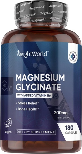 [BRSROGIPBMHGYF34] WeightWorld Magnesium Glycinate Capsules 200mg - 180 Capsules (3 Months) with Vitamin B6 - Bioavailable Magnesium Glycinate Supplements - Third-Party Tested, Vegan, Non-GMO, & Allergen-Free