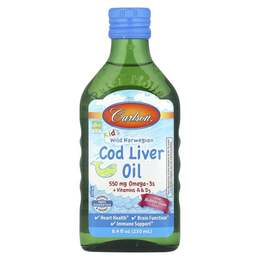 [BRSWIGT5AQPROA3M] Carlson Kid's Wild Norwegian, Cod Liver Oil + Vitamins A & D3, Bubble Gum, 8.4 fl oz (250 ml)