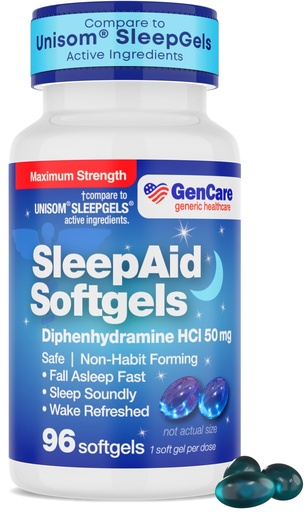 [BRSWGAAZBEIQID3G] GenCare Maximum Strength Nighttime Sleep Aid Supplement for Adults Deep Sleep Pills with Diphenhydramine HCl 50mg to Fall Asleep Faster- Strong Non-Habit Forming PM Sleeping Relief [96 Softgels]