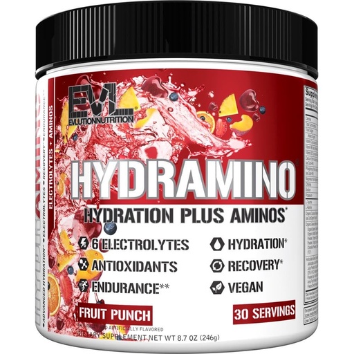 [BRSWYBQPDMIWACT4] Evlution Nutrition HYDRAMINO Complete Hydration Multiplier, All 6 Electrolytes, Vitamin C & B, Fluid Boosting Aminos, Coconut Water, Endurance, Recovery, Antioxidants, 30 Serve, Fruit Punch