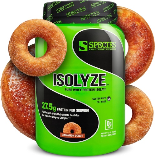 [BRSWIHIAAB5A4DIZ] Species Nutrition Isolyze Whey Protein Powder, 100% Whey Isolate for Muscle Building, 27.5g Protein Per Scoop, No Sugar & Low Fat (Cinnamon Donut, 22 Servings)