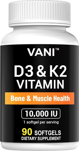 [BRSRAGQ5PMJWM3T5] VANI vitamíny D3 (10000iu/250mcg) + K2 (ako Mk7), pre zdravie kostí a svalov, 90 SOFTGELS