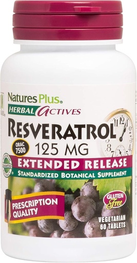 [BRSWIYYDA56BOG3U] Natures Plus Herbal Actives Resveratrol, Extended Release - 125 mg, 60 Vegetarian Tablets - Gluten-Free - 30 Servings