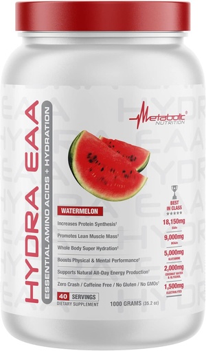 [BRSW2BD2AF5W2HQZ] Metabolic Nutrition Hydra EAA, 1000g of Essential Amino Acids + Hydration, EAAs, BCAAs, Glutamine, Electorlytes, Coconut Water & Glycerol, Amazing Flavors (Watermelon, 1000g)