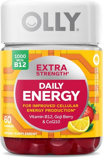[BRSRMBD5AV4GGGYZ] OLLY Extra Strength Daily Energy Gummy, Caffeine Free, 1000mcg B12, CoQ10, Goji Berry, Yetişkin Chewable Supplement, Berry Yuzu Flavor - 60 Count Count Count Count