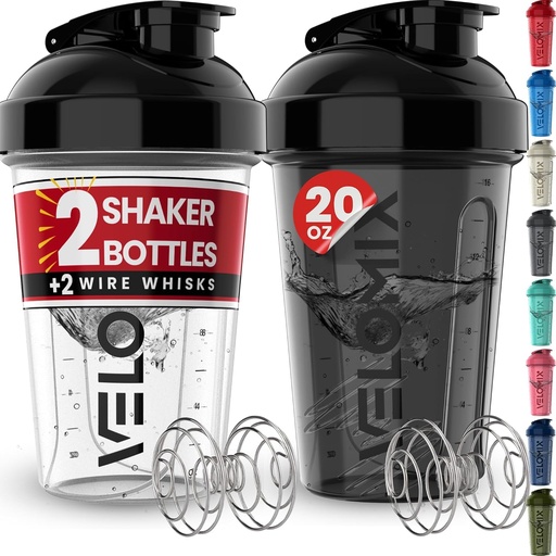 [BRSRAZYBBZYWMF36] VELOMIX -2 Pack- 20 oz Protein Shaker Bottles for Protein Mixes - 2x Wire Whisk | Leak Proof Shaker Cups for Protein Shakes and Pre Workout | Protein Shaker Bottle Pack (Black/Transparent)