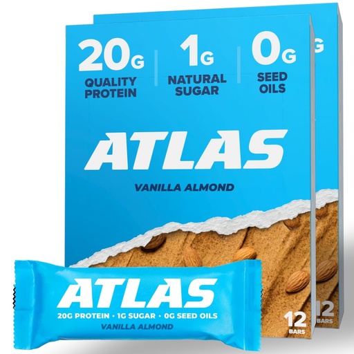 [BRSRMYYCC54GECT6] Atlas Protein Bar – 20g Clean Protein, 1g Natural Sugar, No Seed Oils, Gluten Free, No Artificial Sweeteners - Vanilla Almond 24 Count