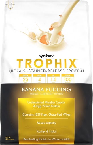 [BRSROEAHBV6AED32] Syntrax Nutrition Trophix, Ultra Sustained-Release Protein Powder Blend, Banana Pudding, 5 lbs.