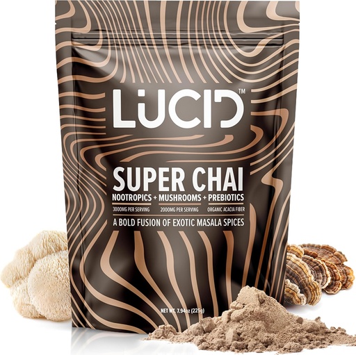 [BRSRAFQTCF6BMD3H] Lucid Superfood Organic Mushroom Chai with Nootropics - Lion's Mane, Tremella, Cordyceps & Turkey Tail - Instant Mushroom Chai Focus Brain Health - Alpha GPC, L-Theanine, Ginko Biloba - USA Made