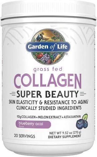 [BRSWYY32BMOR6GY3] Garden of Life Grass Fed Collagen SuperBeauty Powder - Blueberry Acai, 20 pelayan, untuk Women Skin Hair Nails Joints, Collagen Peptides Powder + Protein Suplemen