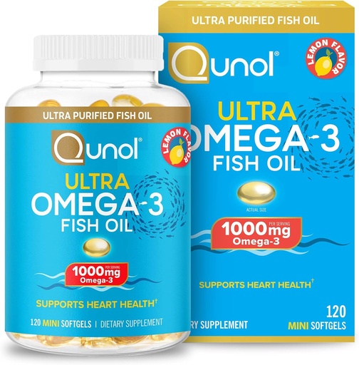 [BRSW2CYPBADWE3DZ] Qunol Omega 3 Fish Oil Mini Softgels, 1000mg Ultra Pure Fish Oil, Heart Health Support, Omega 3 DHA Supplements, Lemon Flavor, 2 Month Supply, 120 Count