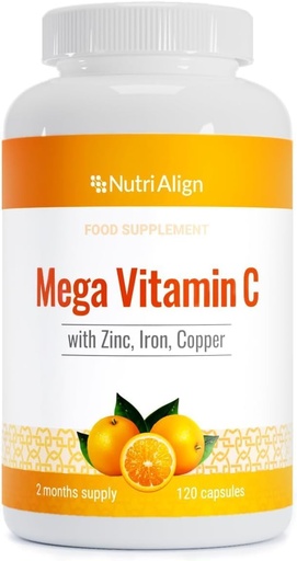 [BRSROH35O56GKEY4] Nutri-Align Mega Vitamin C | 120 Высокопрочный витамин C 1000 мг Капсулы - Витамин C и цинк, железо и медь Дополнение | VIT C Дополнения | Глютен и сахар Free | Мощный антиоксидант