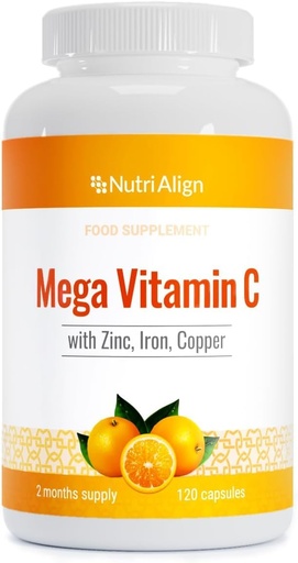 [BRSROH35O56GKEY4] Nutri-Align Mega Vitamin C | 120 High Strength Vitamin C 1000mg Capsules - VIT C and Zinc, Iron & Copper Supplement | VIT C Supplements | Gluten & Sugar Free | Powerful Antioxidant