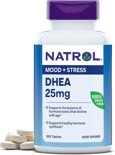 [BRSWIYTZOYOQI3LF] Natrol Mood & Stress DHEA 25mg con Calcio, Suplemento dietético para Equilibrio de Ciertos Niveles de Hormonas y Soporte de Mood, 300 Tabletas, 300 Day Supply