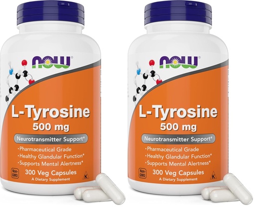 [BRSRAGATOIFQODI2] NOW Foods L-Tyrosine 500mg, 300 капсули - Non ГМО - Подкрепете Pental Alertness - 500 mg Caps - Free Form Addition (Pack of 2)