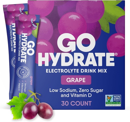 [BRSWGEDYAB7A2HQZ] GoHydrate Instant Hydratácia Powder Pakets - Nízky obsah sodíka Elektrolyty Nápoj Mix - Prírodná hydratácia Podpora, Bezcukrový Electrolyt Ochutený prášok Nápoj s vitamínom D, 30 Balenie, Hrozno