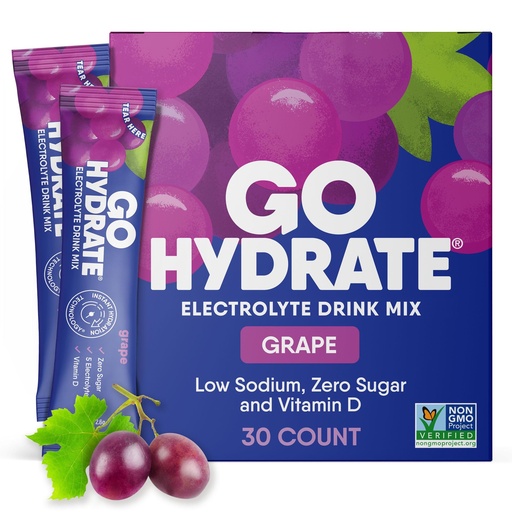 [BRSWGEDYAB7A2HQZ] GoHydrate Instant Hydration Powder Packets - Low Sodium Electrolytes Drink Mix - Natural Hydration Support, Sugar Free Electrolyte Flavored Powder Drink with Vitamin D, 30 Packs, Grape