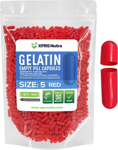 [BRSWYAL7DMMWKGQ6] XPRS Nutra Size 5 Empty Capsules - 500 Count Very Small Empty Gelatin Capsules - Pills DIY Capsule Filling - Fillable Pill Gel Caps for Do-It-Yourself Vitamin Supplements (Red)