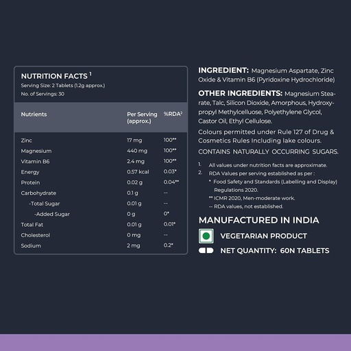 [BRSRAFICCUCR6DL7] Magnesium mit 100% RDA von Zink, Magnesium Aspartat und Vitamin B6 - für Muskelkraft, Beilage für Männer und Frauen - 60 Veg Tabletten