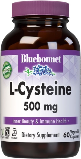 [BRSWIYQZBQJR4EAZ] Nutrition Bluebonnet L-Cysteine 500mg, Free-Form Amino Acid, Primotes Healthy Skin, Hair dan Nails, Soy- Bebas, Gluten- Bebas, Non-GMO, Kosher Certifikasi, Vegan, Putih, 60 Vegetable Capsules