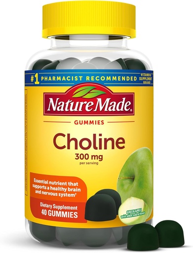 [BRSRMCT6BMNGKFLJ] Suplemen Nature Made Choline, Menyediakan Kesehatan Hati, Fungsi Sistem Gugup dan Kesehatan Otak, 40 Vegan Gummies, Persediaan 20 Hari
