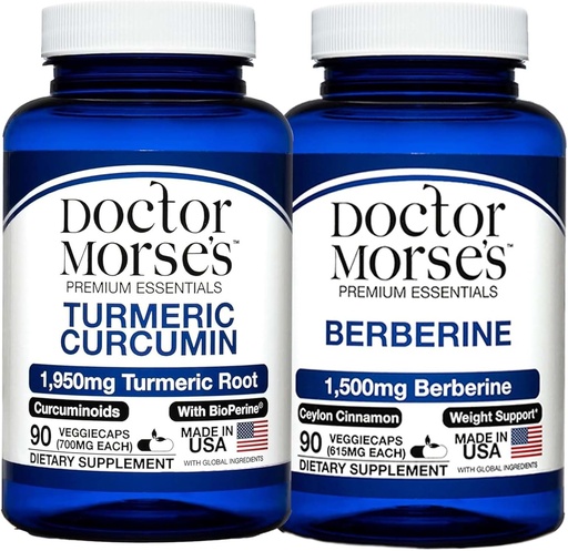 [BRSRAHDYCN7RS33L] Doctor Morse's Turmeric Curcumin 1950mg & Berberine 1500mg Bundle - Gemensamt stöd, Hälsosam metabolism och Immune Boost med BioPerine & Ceylon Cinnamon, FDA-registrerad, NSF-certifierad 90 kapslar
