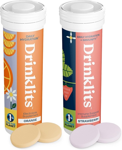 [BRSROBICDIAQMEYV] Drinklits Orange Daily Hydration Tabletter + Jordbær immunitetstabletter (2) Tube Pack | essensielt elektrolytter – god smak – immunstøtte | 20 serveringer (10 tabletter per tube)