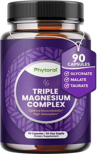 [BRSRAGD2OUCA43Y2] Capsules complexes de magnésium hautement potent - Triple mélange de magnésium avec du glycinate de taurat et du malate - 400mg Supplément soutient la relaxation et le bien-être général Non-OGM Vegan 90 Capsules