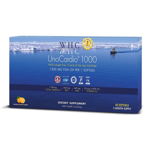 [BRSWIAYPC4HAOEQ3] WHC, UnoCardio 1000 Fish Oil, 1300 mg of Pure Triglyceride Fish Oil with Omega-3 (1180 mg), 665 mg EPA and 445 mg DHA and 25 mcg (1000 IU) Vitamin D3 per softgel, Natural Orange, 60 softgels