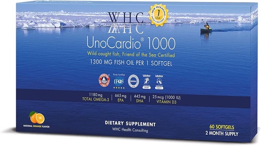 [BRSWIAYPC4HAOEQ3] WHC, UnoCardio 1000 Fish Oil, 1300 mg of Pure Triglyceride Fish Oil with Omega-3 (1180 mg), 665 mg EPA and 445 mg DHA and 25 mcg (1000 IU) Vitamin D3 per softgel, Natural Orange, 60 softgels