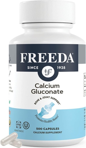 [BRSW2AI5BEAWACDD] Freeda Calcium Gluconate – Kosher Vegan Calcium Supplement – Easy to Digest & Absorb – Supports Bone Strength – Pure Calcium Without Vitamin D – (500 Capsules)