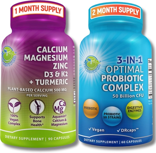 [BRSRAHAYCMHBYC3D] Bone Health & Gut Support Bundle – 3-in-1 Probiotic 50 Billion CFU, Prebiotic and Digestive Enzymes + Plant-Based Calcium, Magnesium, Zinc, D3, K2 & Organic Turmeric – Vegan, Non-GMO, Clean Label