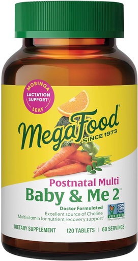 [BRSWYHT4BMMRSDLX] MegaFood Baby & Me 2 postnataliniai vitaminai moterims Žindymas su folatų (Folic acid Natural Form), Cholinas, Jodas, Vitaminas D, Moringa lapų ir daugiau - 120 Taškai (60 Paslaugos)