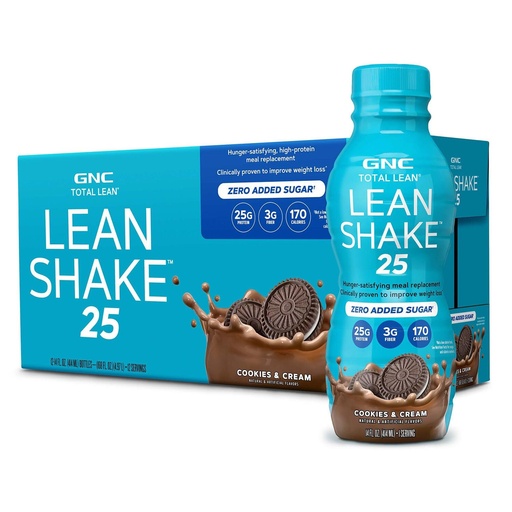 [BRSRMAQQCV4BMEQ3] GNC Lean Shake 25 Protein Shake, Clinically Proven Weight Management, Meal Replacement, 25g Protein with Zero Added Sugar, Ready To Drink, Cookies and Cream, Pack of 12