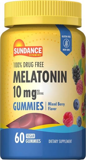 [BRSROHA2OYIBMAL4] Sundance Melatonin 10mg Gummies for Adults | 60 Count | Mixed Berry Flavor | Vegan, Non-GMO, and Gluten Free Supplement