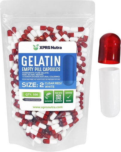[BRSWYAYFAVYWOCTH] XPRS Nutra Size 2 Empty Capsules - 500 Count Empty Gelatin Capsules - Pills DIY Capsule Filling - Pure Bovine Pill Gel Caps for Do-It-Yourself Supplements (Clear Red/White)