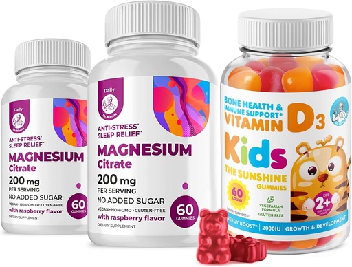 [BRSRMCTYBYGRQ3YU] Vitamin D Gummies for Kids&Adults 2000 IU and Magnesium Gummies - healthy Vitamin D3 Supplements 1000IU - Vegetarian Gelatin-Free Immune Support with Sugar-Free Magnesium Calm Chews for Kids&Adults