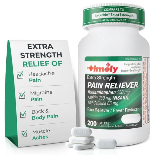 [BRSROGQ3DF4GYCLG] TIME-Cap Labs Extra Strength Acetaminophen 250mg with Aspirin 250mg & Caffeine 65mg Caplets - Triple Action Pain Reliever for Migraines & Headache Relief, Muscle Aches & Body Pain (200 Count)
