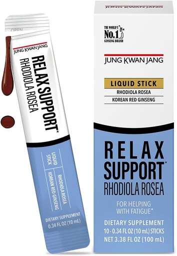 [BRSROHAYAF5G2DQ2] JUNG KWAN JANG Relax Support Rhodiola Rosea (800mg), Korean Red Ginseng Everytime Extract Sticks, Relaxation Supplement for Calm and Clarity, 10 Count