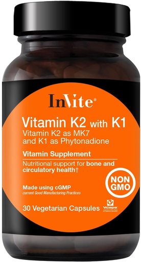 [BRSWIYL7DENBYGD4] Invite Health Vitamin K2 with K1 - Supports Bone and Circulatory Health - Vitamin K2 as MK7 and K1 and Phytonadione - 30 Vegetarian Capsules