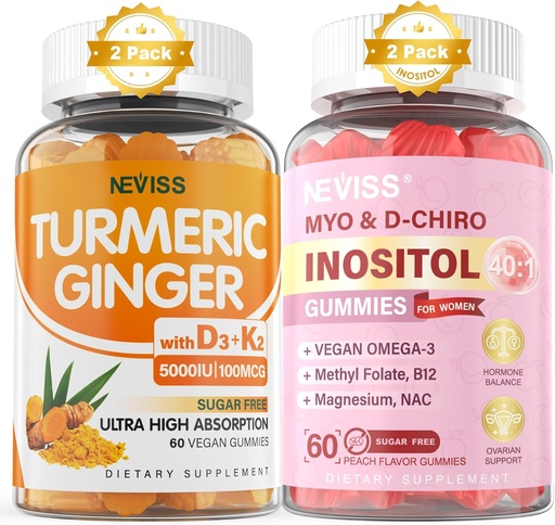 [BRSRAHY2CUFQAC3H] Sugar Gratis 2Pack Turmeric Ginger Gummies &amp; 2Pack Myo-Inositol &amp; D-Chiro Inositol Gummies