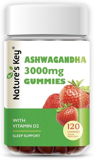 [BRSW2BINO55BUG3O] Ključ narave Ashwagandha Gummies, Izvleček korenine Ashwagandha z vitaminom D2, za moške in ženske, stres, miren Mood & Kognition, Jagodna aroma (120 Število (Pack od 1)